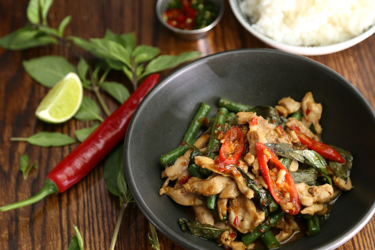 Thai food- basil and meat with a chilli