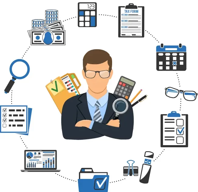 corporate income tax graphic with accountant surrounded by accounting items