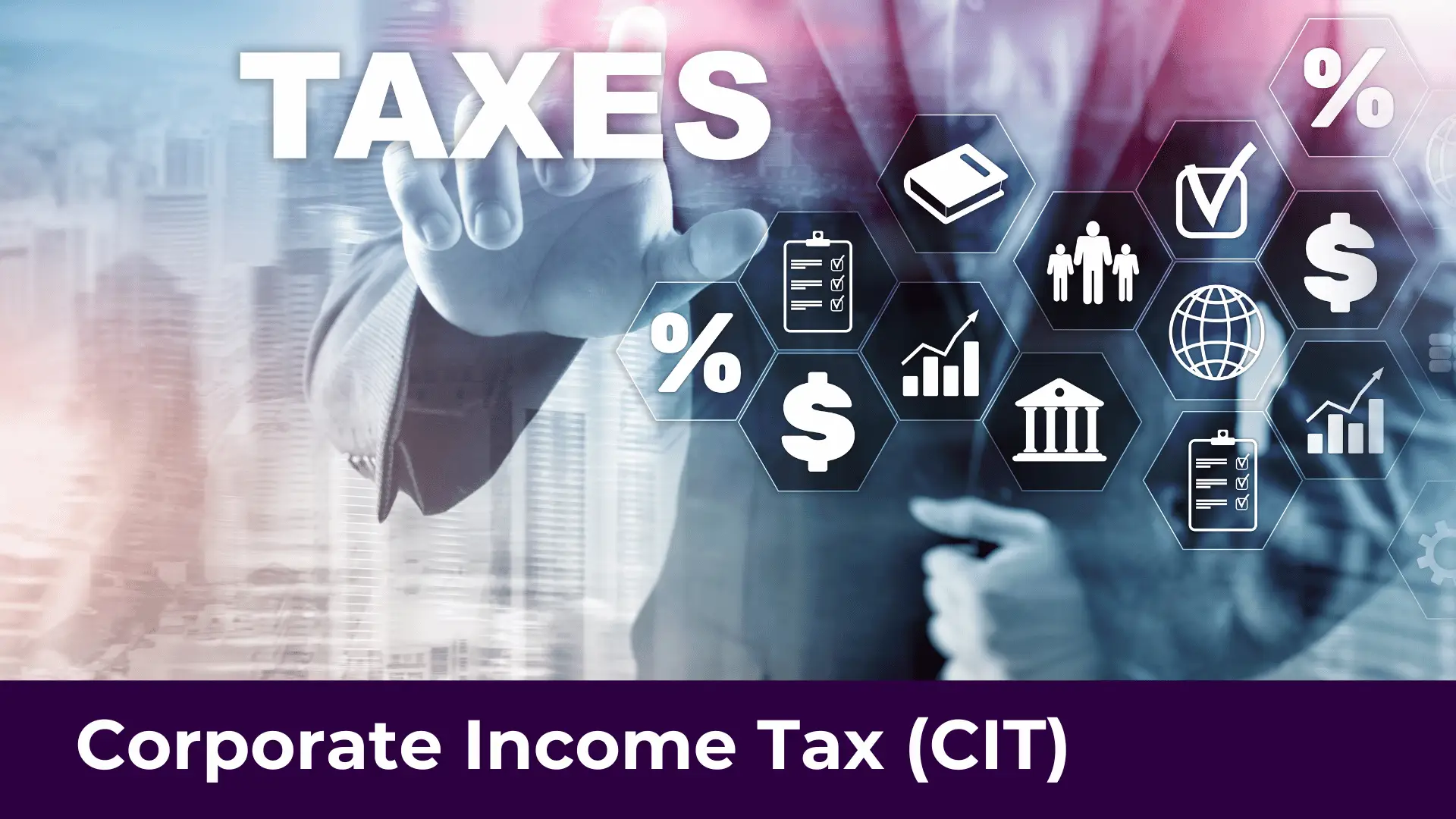 a graphic for corporate income tax showing several tax icons in front of a man