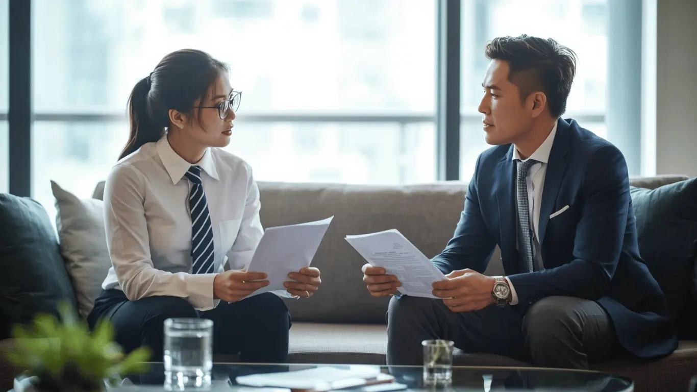 an accountant speaking to a client on a sofa, both holding papers.
